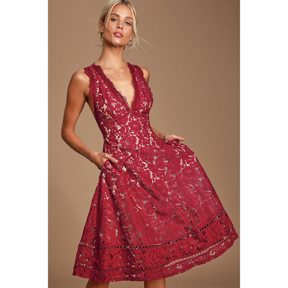 Lulus Kiss Kiss Burgundy Lace Sleeveless Midi Dress Red - Size L